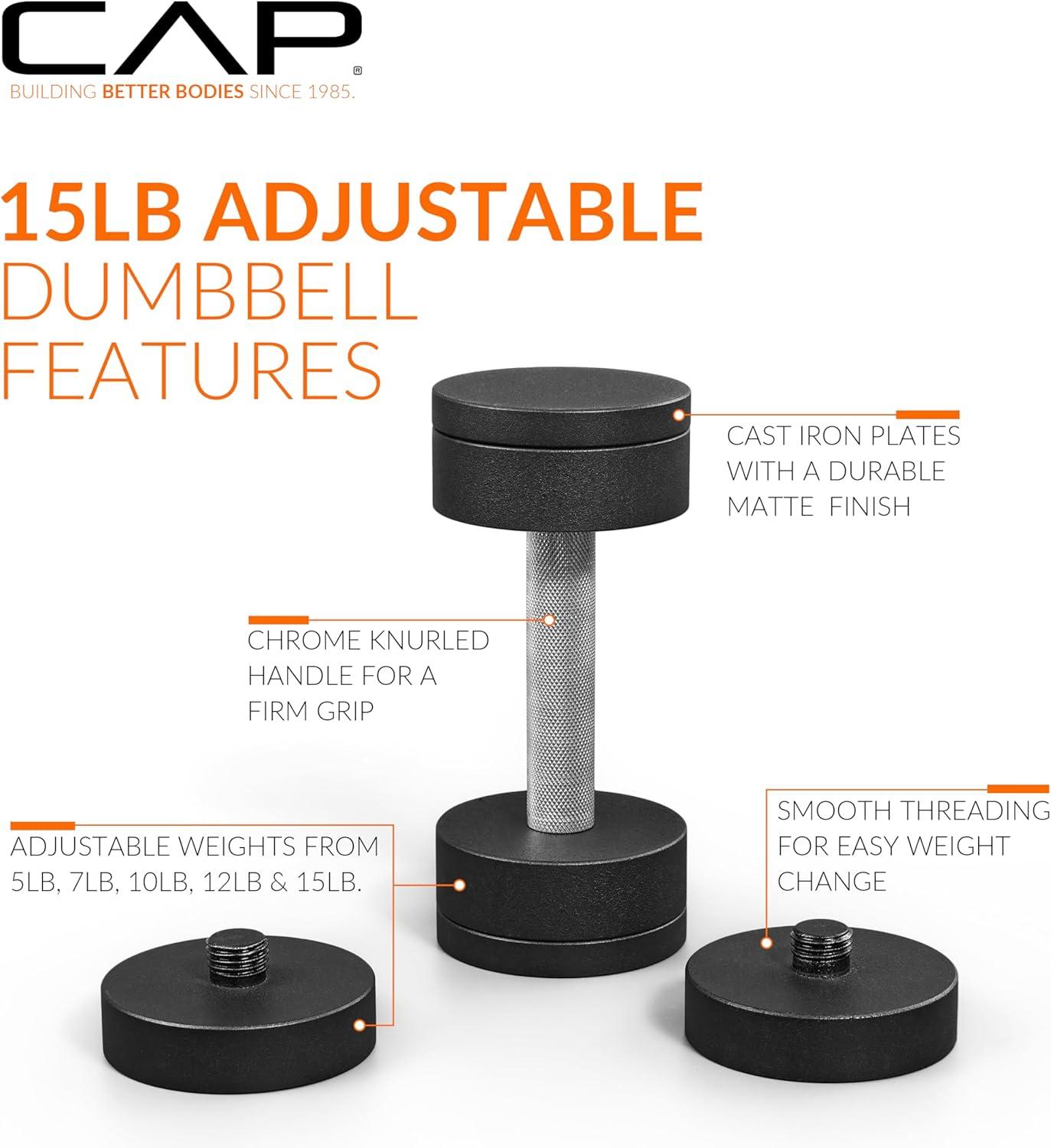image:imageCAP Barbell 15 lb Adjustable Dumbbell Compact Cast Iron Weight Multiple OptionsSingle