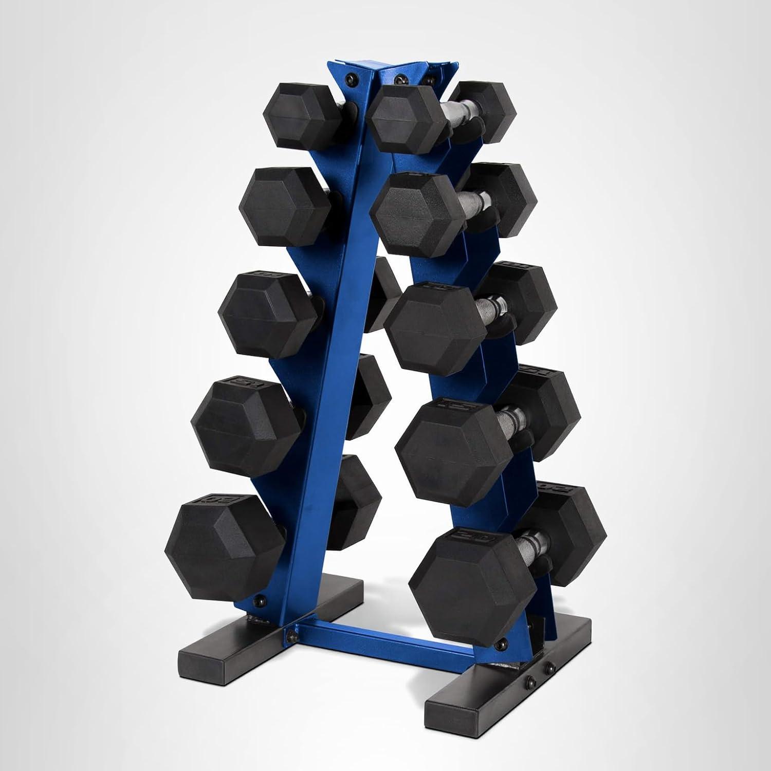 image:imageCAP Barbell 150 LB Coated Hex Dumbbell Weight Set with Vertical Rack Multiple OptionsBlue Rack