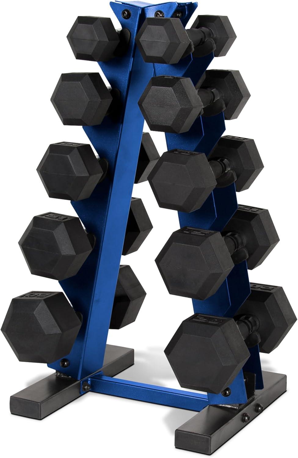 image:imageCAP Barbell 150 LB Coated Hex Dumbbell Weight Set with Vertical Rack Multiple OptionsBlue Rack