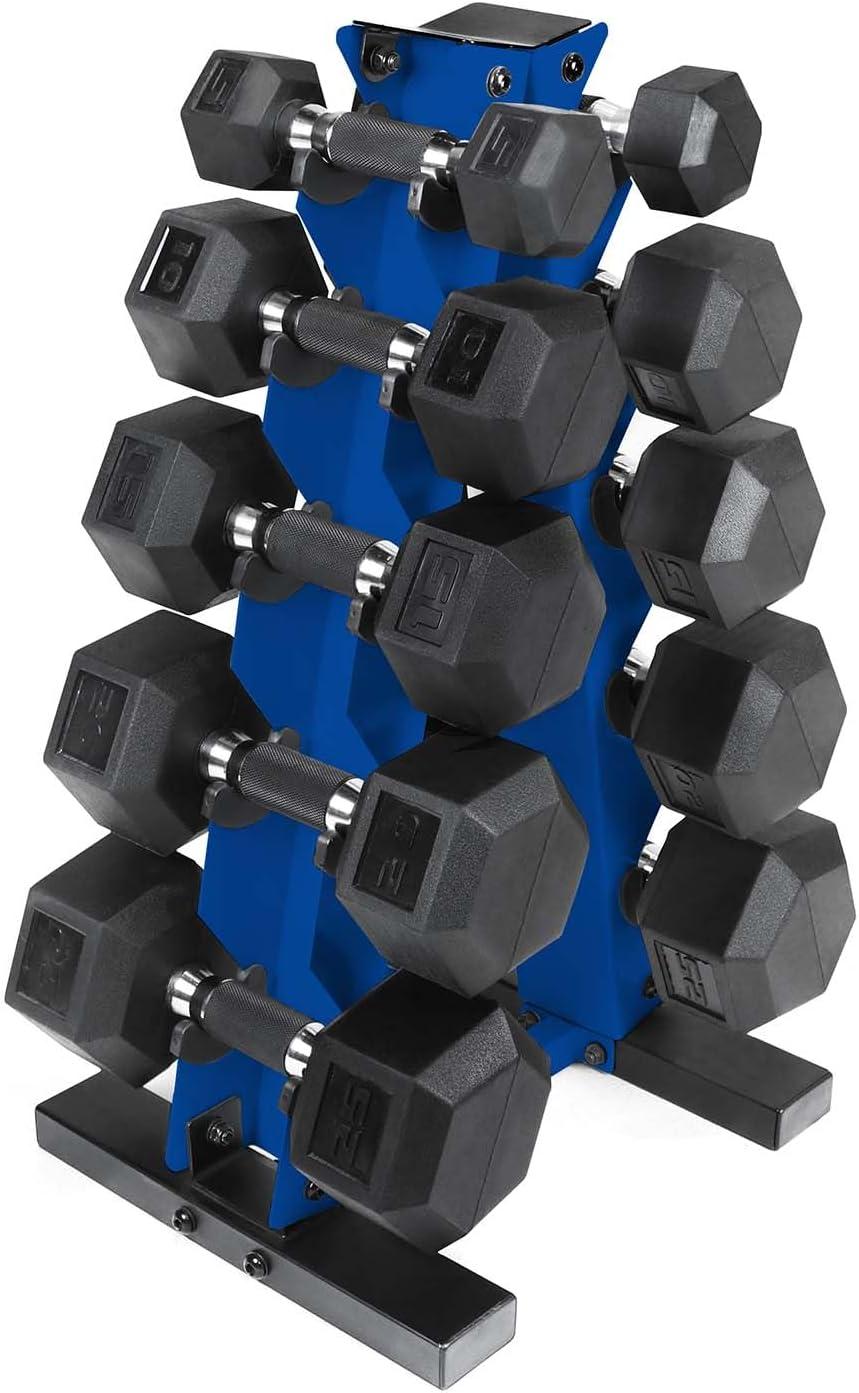 image:imageCAP Barbell 150 LB Coated Hex Dumbbell Weight Set with Vertical Rack Multiple OptionsBlue Rack