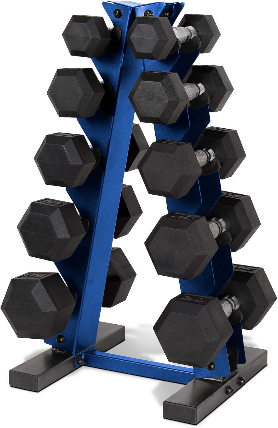image:imageCAP Barbell 150 LB Coated Hex Dumbbell Weight Set with Vertical Rack Multiple OptionsBlue Rack