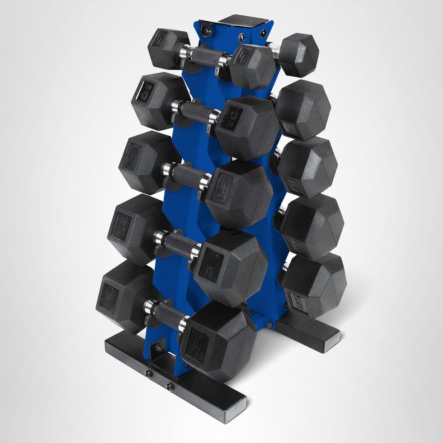 image:imageCAP Barbell 150 LB Coated Hex Dumbbell Weight Set with Vertical Rack Multiple OptionsBlue Rack