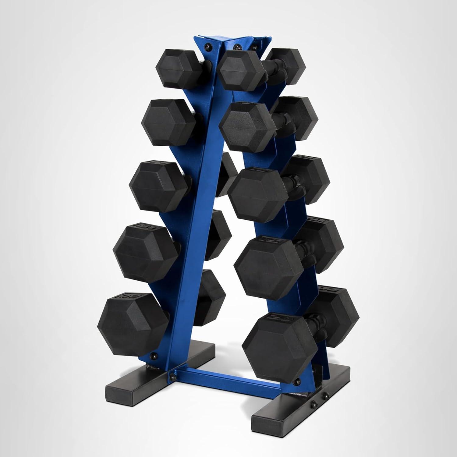 image:imageCAP Barbell 150 LB Coated Hex Dumbbell Weight Set with Vertical Rack Multiple OptionsBlue Rack