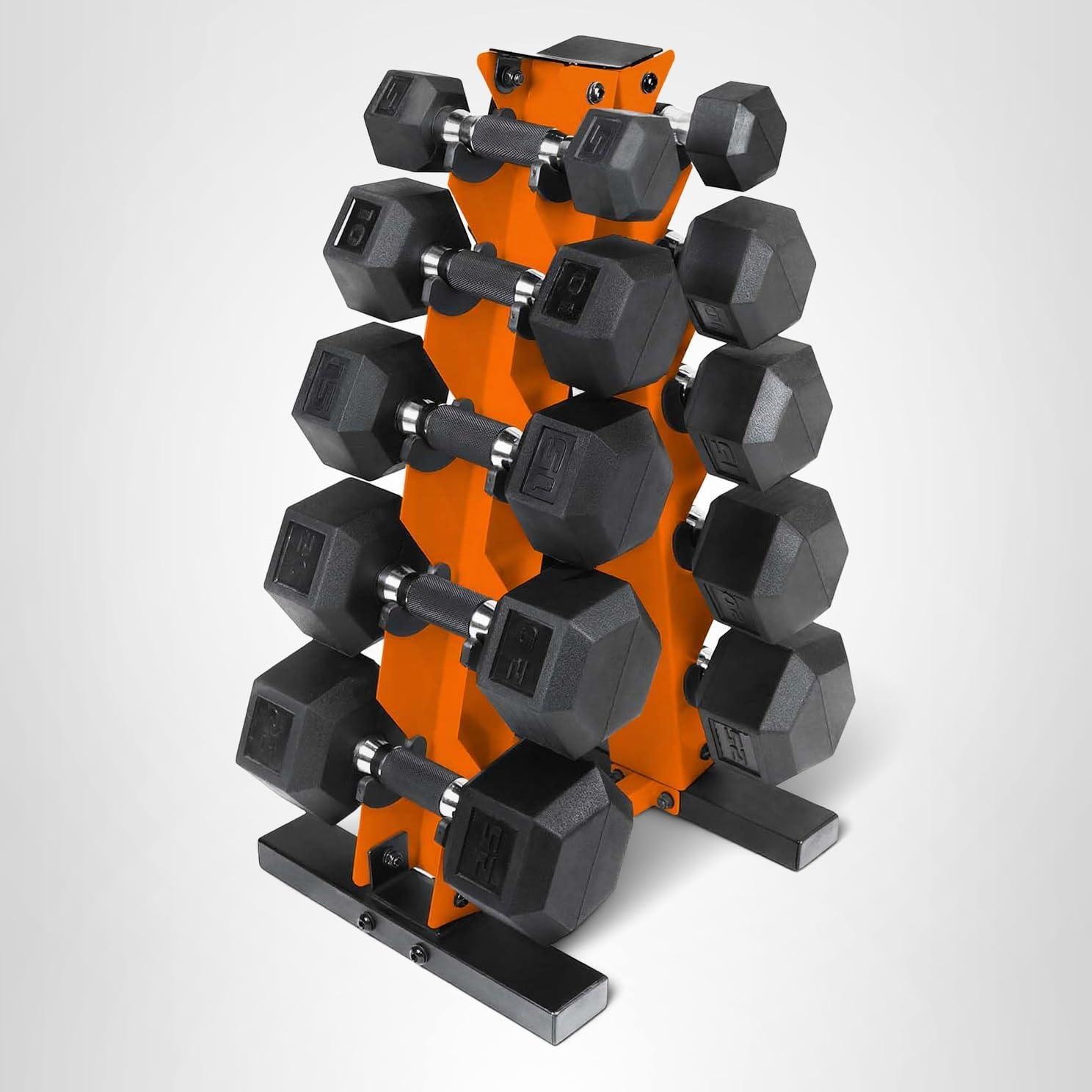 image:imageCAP Barbell 150 LB Coated Hex Dumbbell Weight Set with Vertical Rack Multiple OptionsOrange Rack