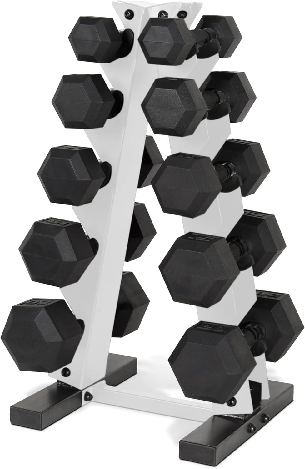 image:imageCAP Barbell 150 LB Coated Hex Dumbbell Weight Set with Vertical Rack Multiple OptionsWhite Rack