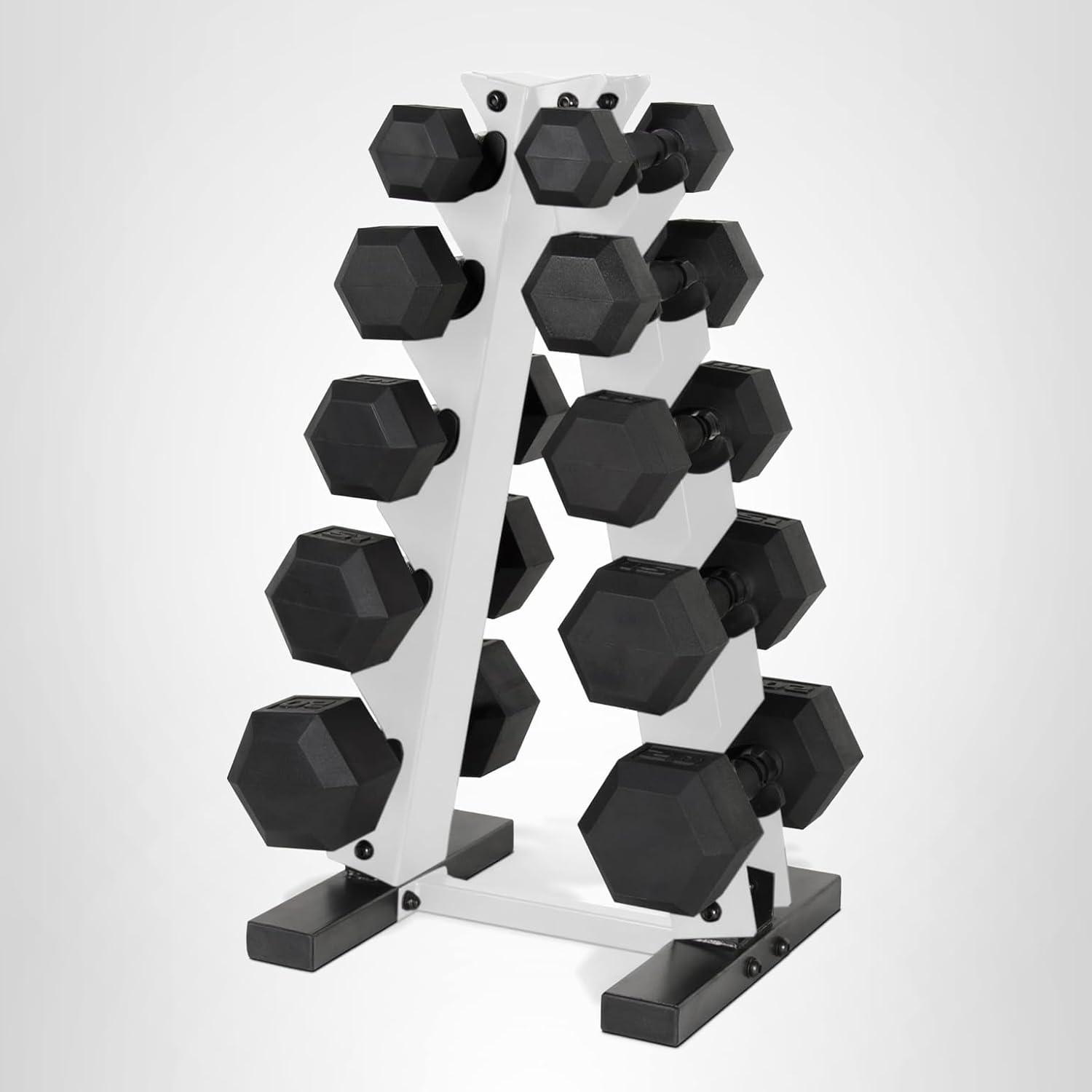 image:imageCAP Barbell 150 LB Coated Hex Dumbbell Weight Set with Vertical Rack Multiple OptionsWhite Rack