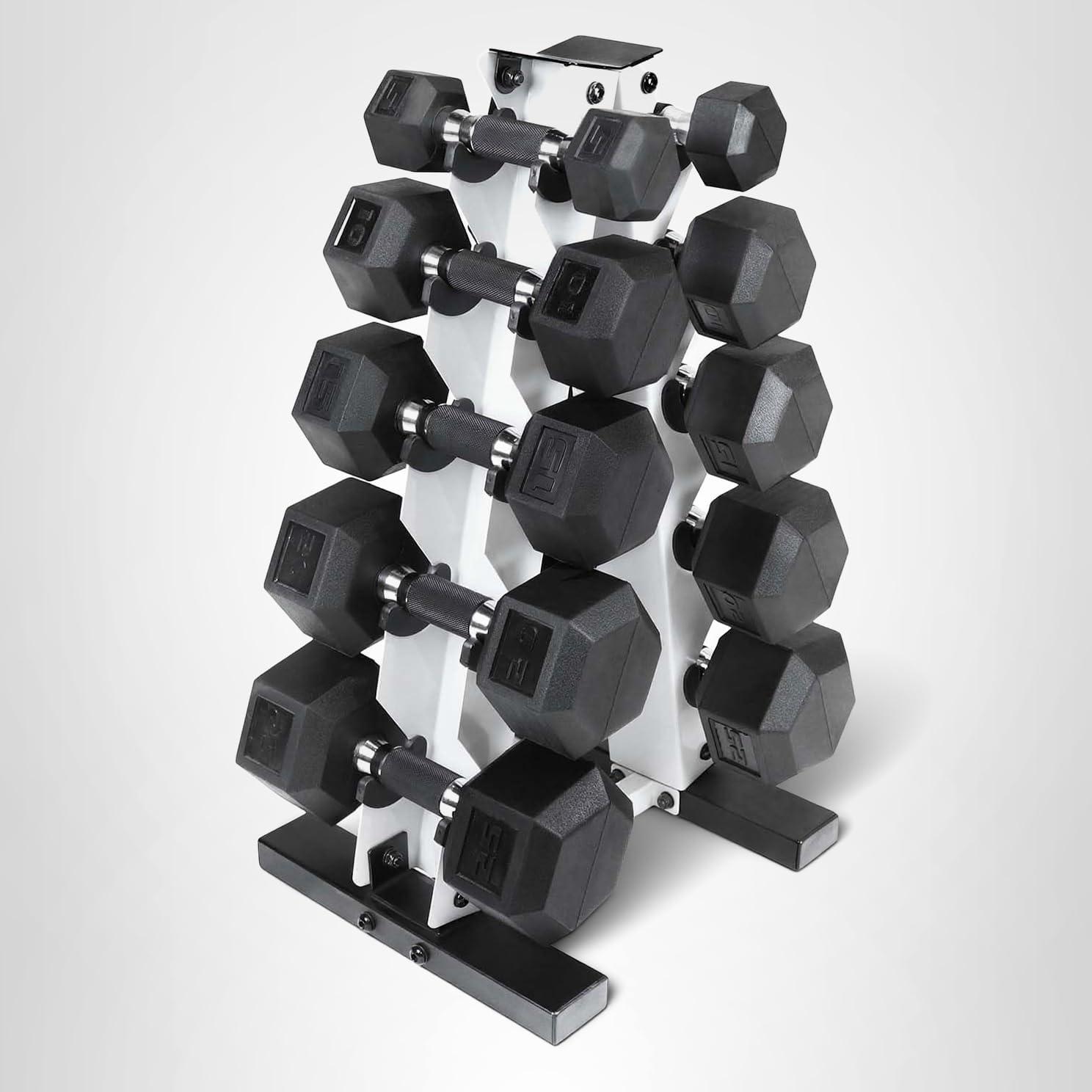 image:imageCAP Barbell 150 LB Coated Hex Dumbbell Weight Set with Vertical Rack Multiple OptionsWhite Rack