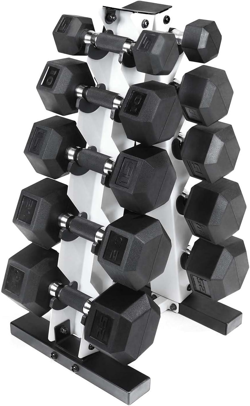 image:imageCAP Barbell 150 LB Coated Hex Dumbbell Weight Set with Vertical Rack Multiple OptionsWhite Rack