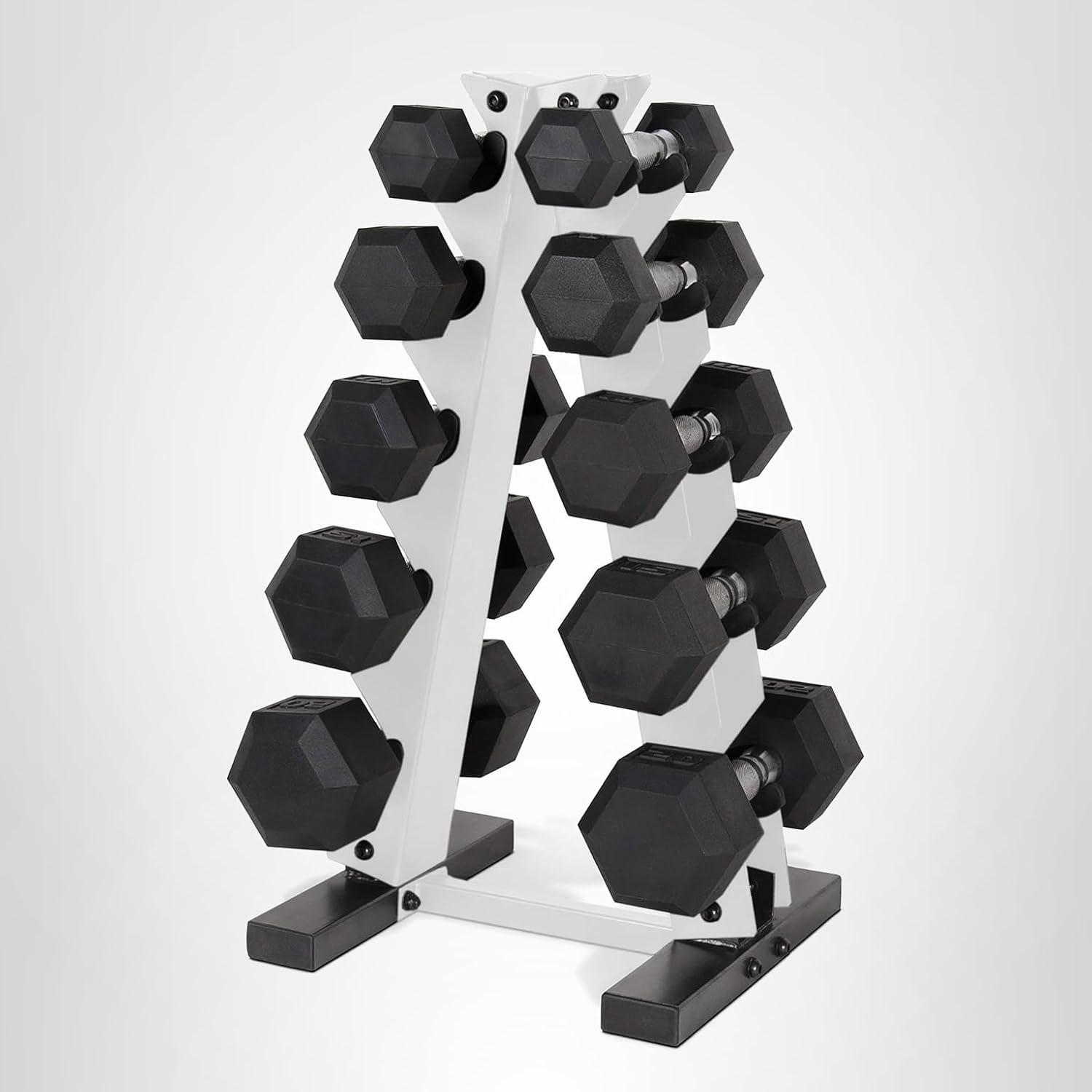image:imageCAP Barbell 150 LB Coated Hex Dumbbell Weight Set with Vertical Rack Multiple OptionsWhite Rack
