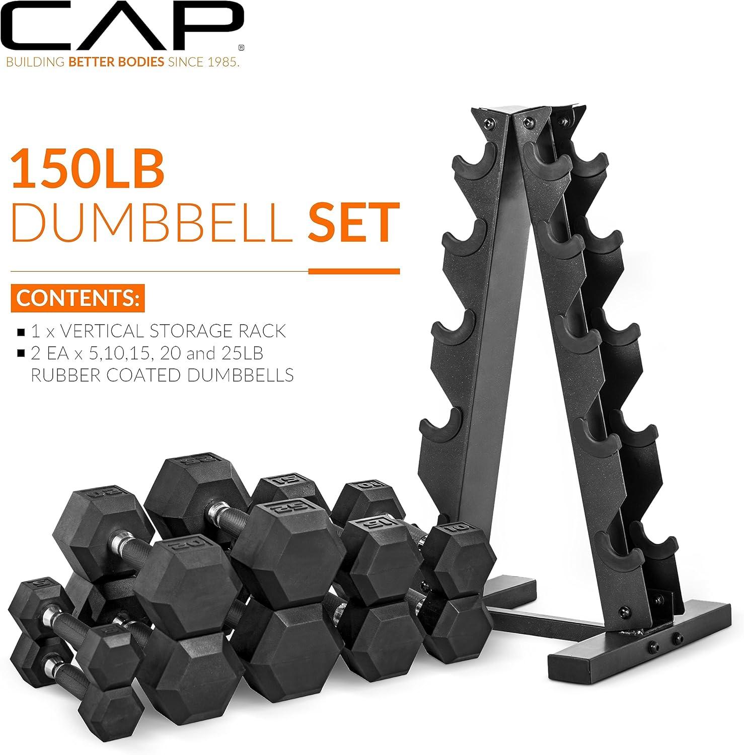 image:imageCAP Barbell 150 LB Coated Hex Dumbbell Weight Set with Vertical Rack Multiple OptionsWhite Rack