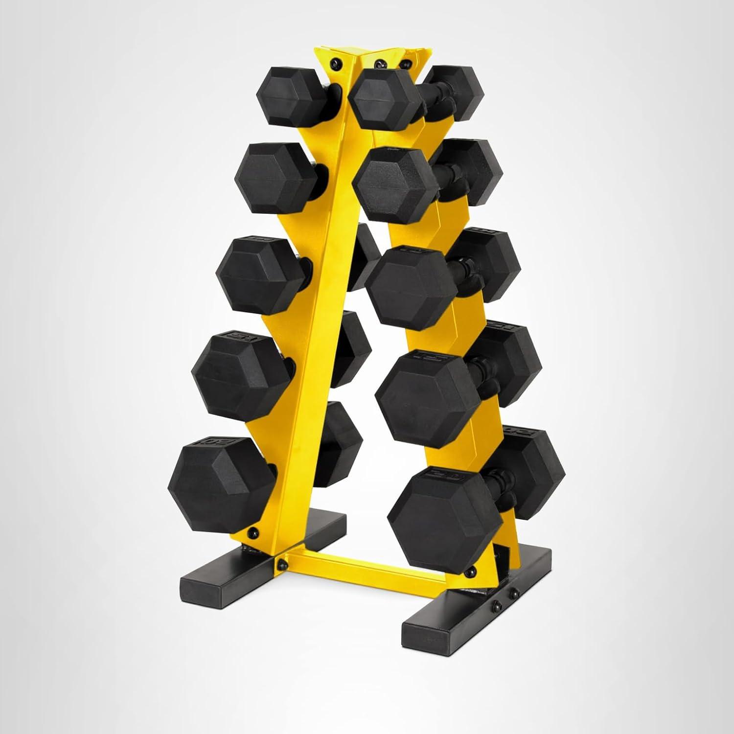 image:imageCAP Barbell 150 LB Coated Hex Dumbbell Weight Set with Vertical Rack Multiple OptionsYellow Rack