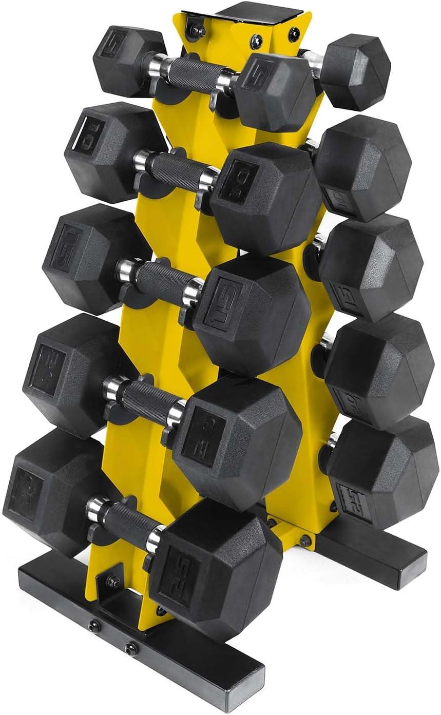 image:imageCAP Barbell 150 LB Coated Hex Dumbbell Weight Set with Vertical Rack Multiple OptionsYellow Rack