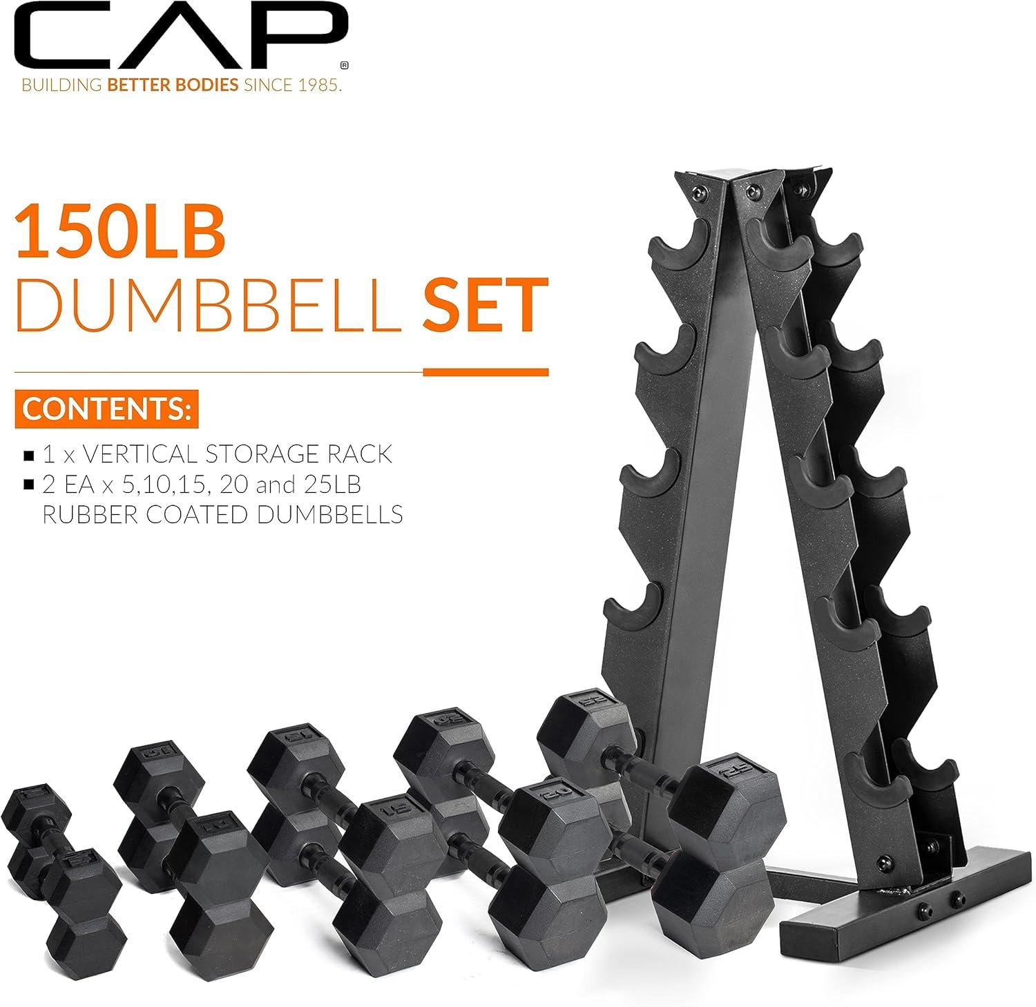 image:imageCAP Barbell 150 LB Coated Hex Dumbbell Weight Set with Vertical Rack Multiple OptionsYellow Rack