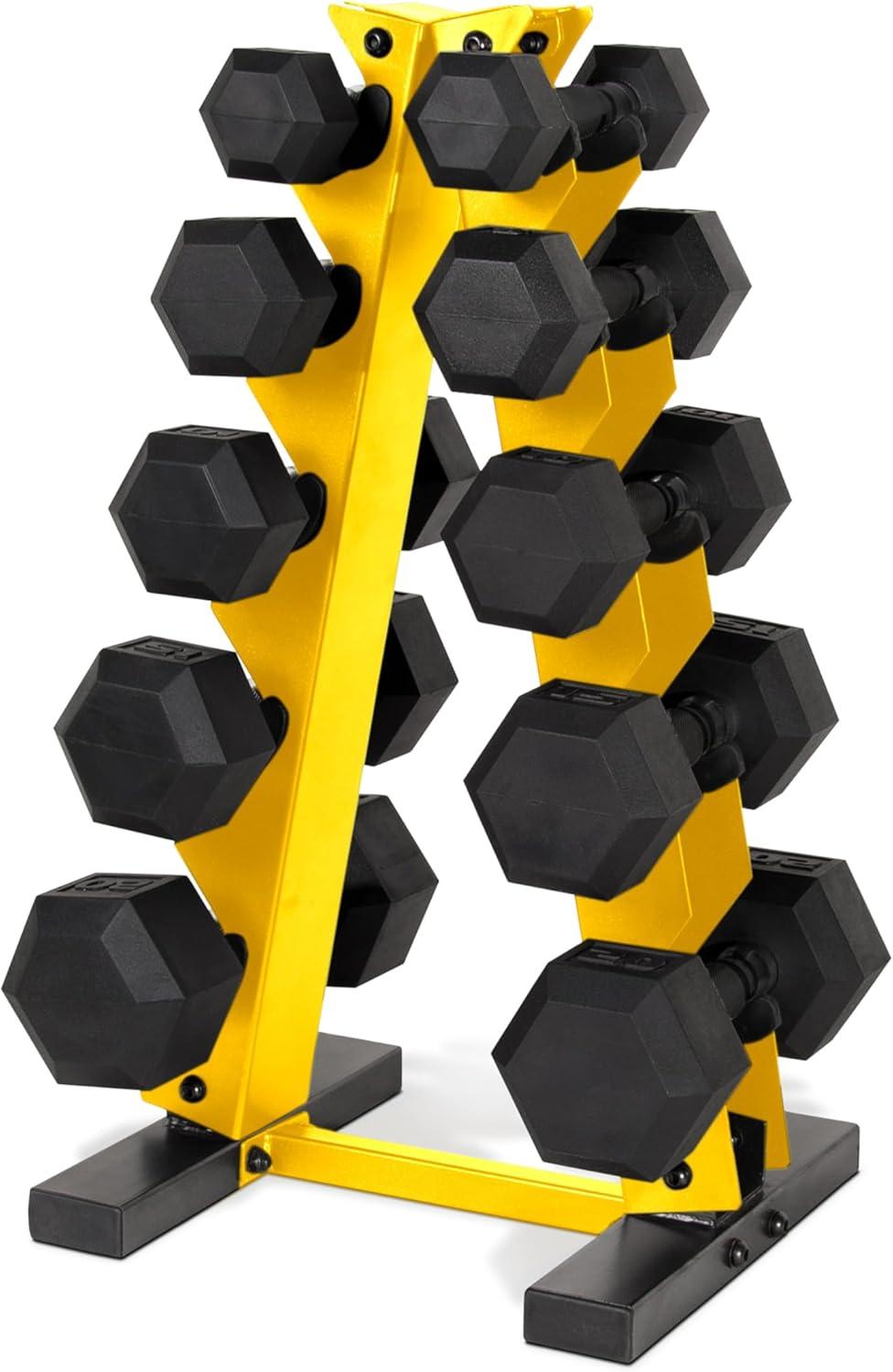 image:imageCAP Barbell 150 LB Coated Hex Dumbbell Weight Set with Vertical Rack Multiple OptionsYellow Rack