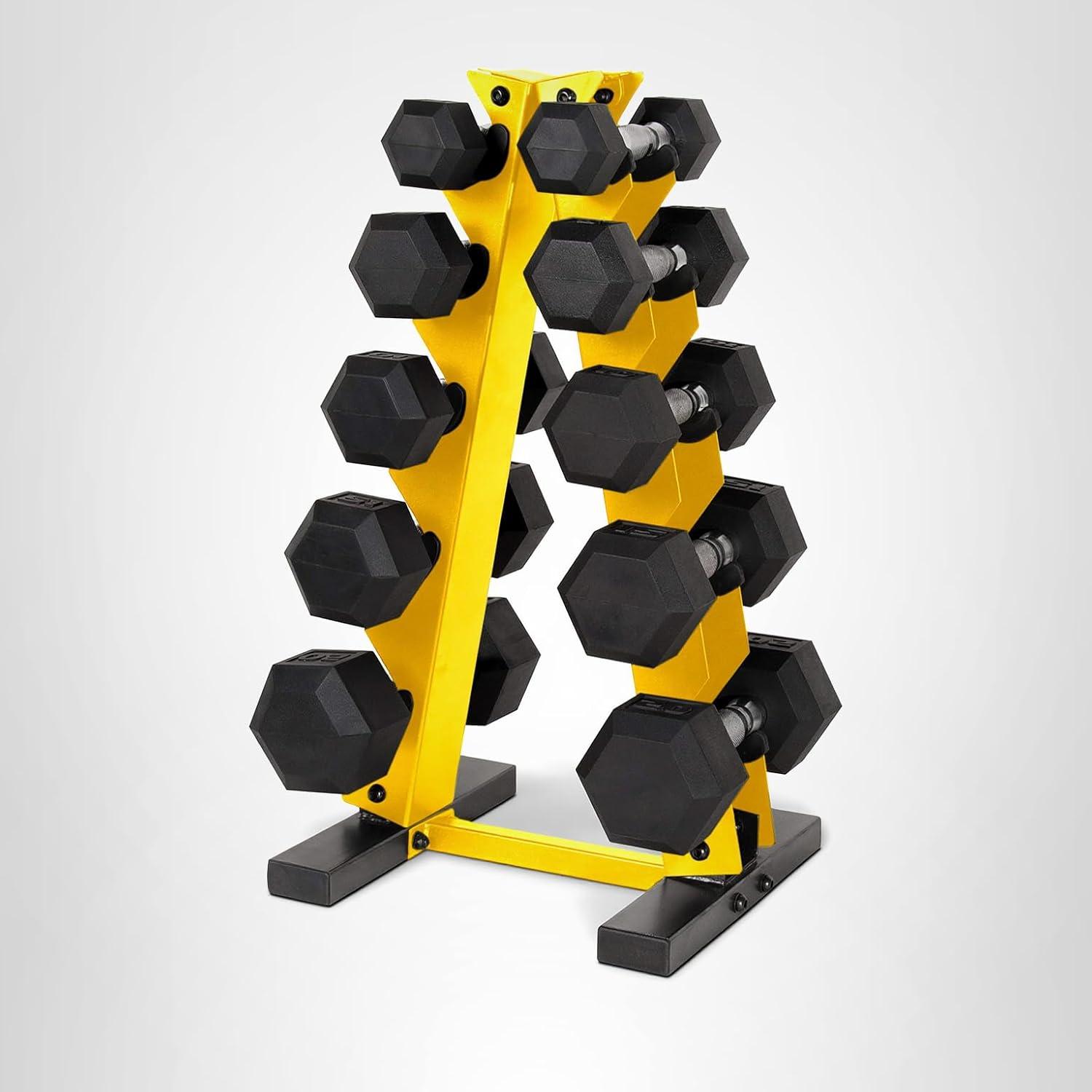 image:imageCAP Barbell 150 LB Coated Hex Dumbbell Weight Set with Vertical Rack Multiple OptionsYellow Rack