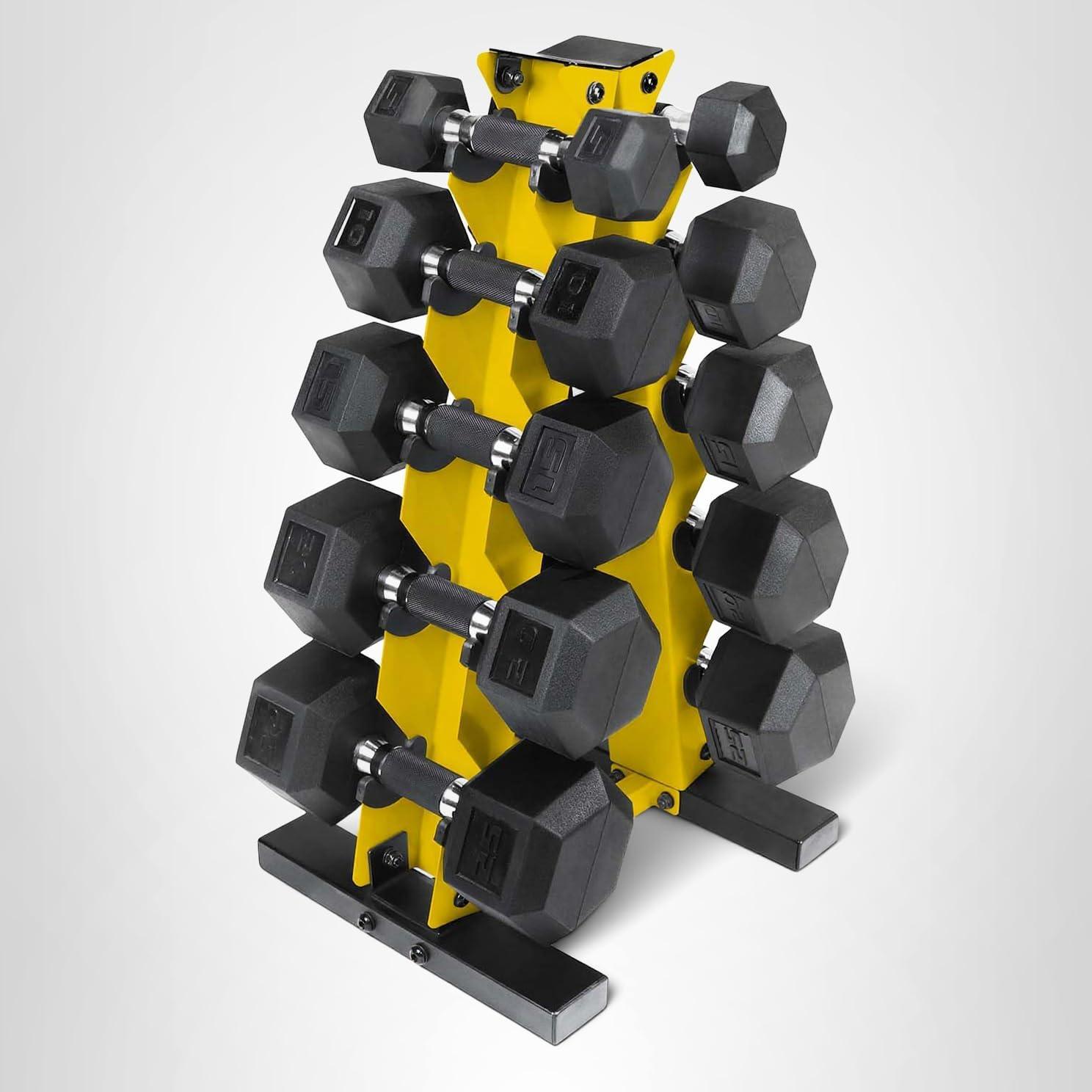 image:imageCAP Barbell 150 LB Coated Hex Dumbbell Weight Set with Vertical Rack Multiple OptionsYellow Rack