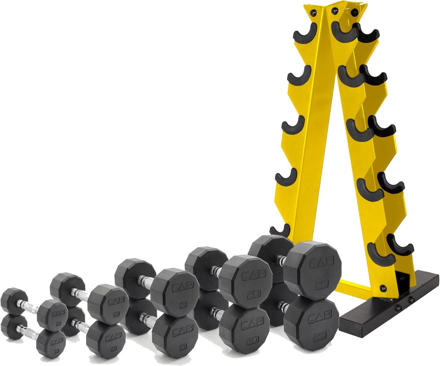 image:imageCAP Barbell 150 LB Coated Hex Dumbbell Weight Set with Vertical Rack Multiple OptionsYellow Rack