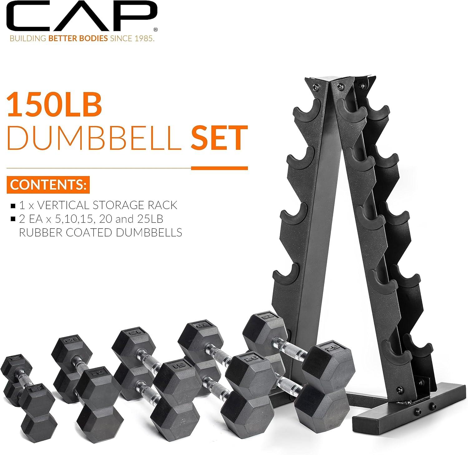 image:imageCAP Barbell 150 LB Coated Hex Dumbbell Weight Set with Vertical Rack Multiple OptionsYellow Rack