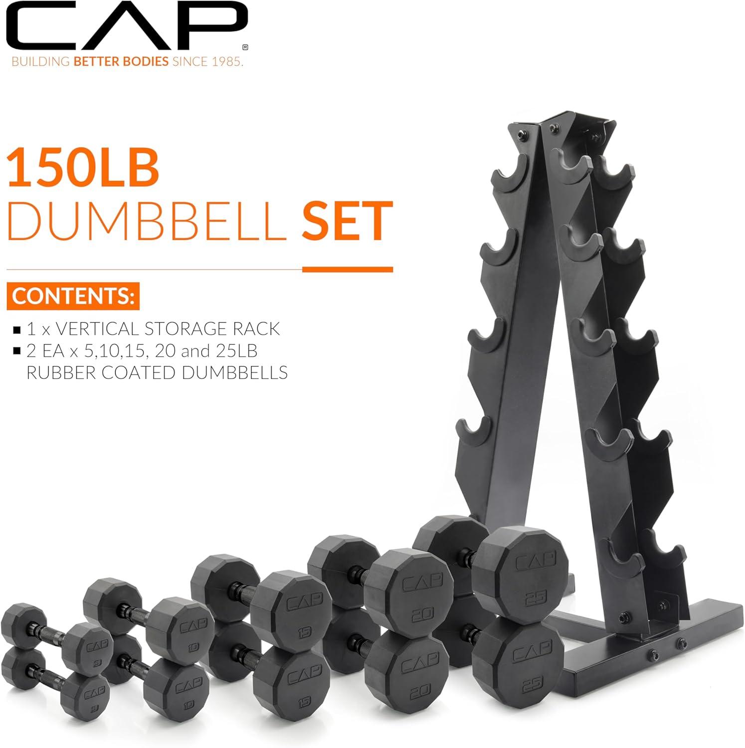 image:imageCAP Barbell 150 LB Coated Hex Dumbbell Weight Set with Vertical Rack Multiple OptionsYellow Rack