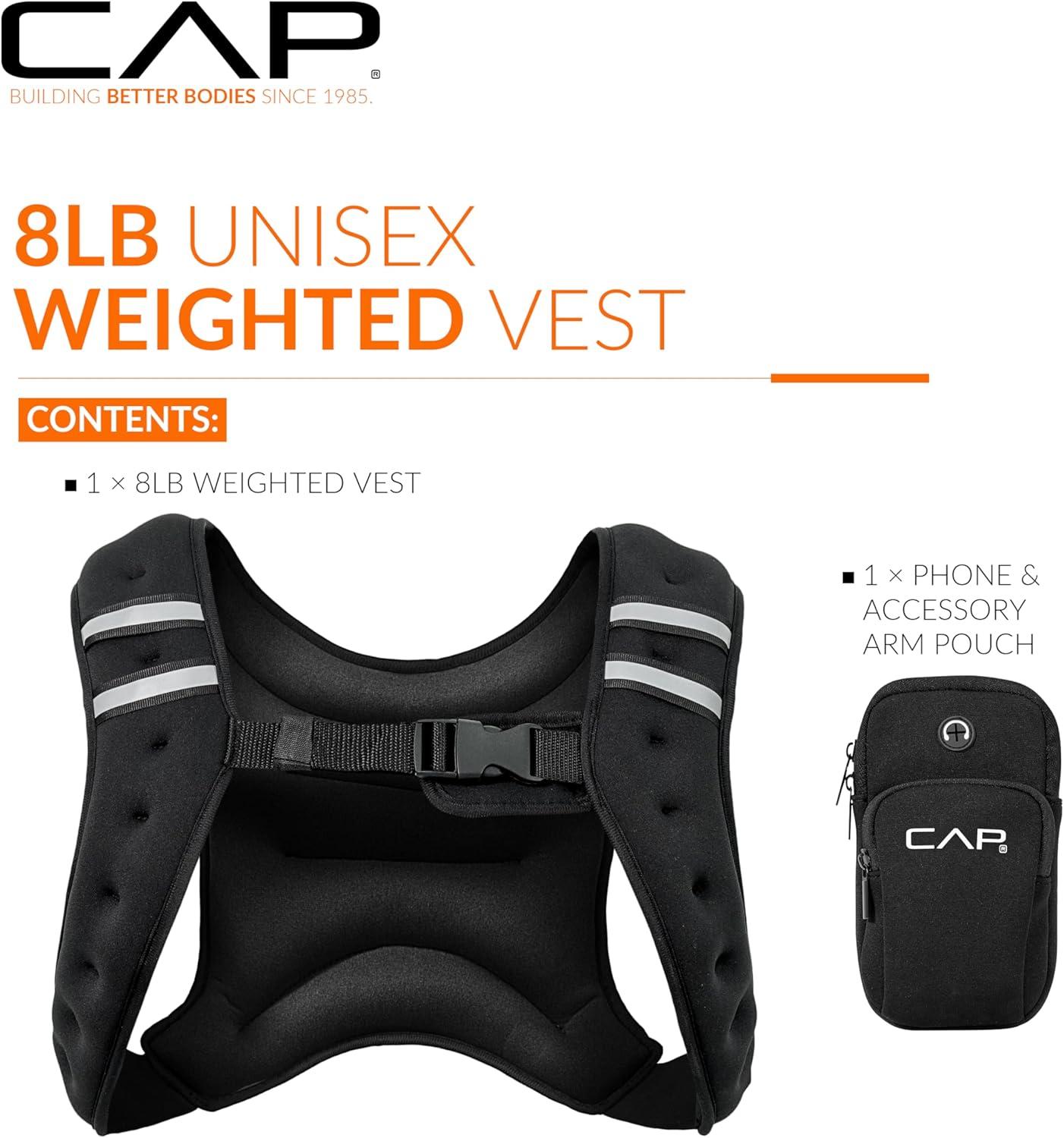 image:imageCAP Barbell 8LB Weighted Vest Unisex Workout Vest with Phone Pouch Reflective Strips and Adjustable Fit for Walking Running Cardio and Strength Training Black or BlueBlack