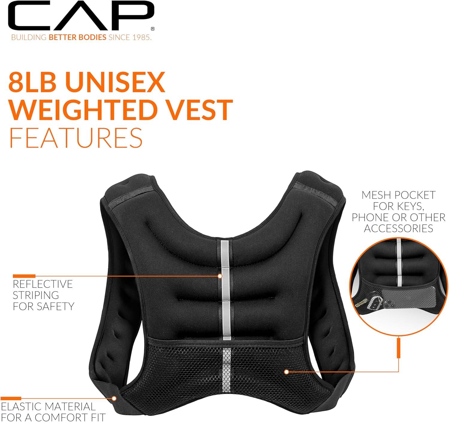 image:imageCAP Barbell 8LB Weighted Vest Unisex Workout Vest with Phone Pouch Reflective Strips and Adjustable Fit for Walking Running Cardio and Strength Training Black or BlueBlack