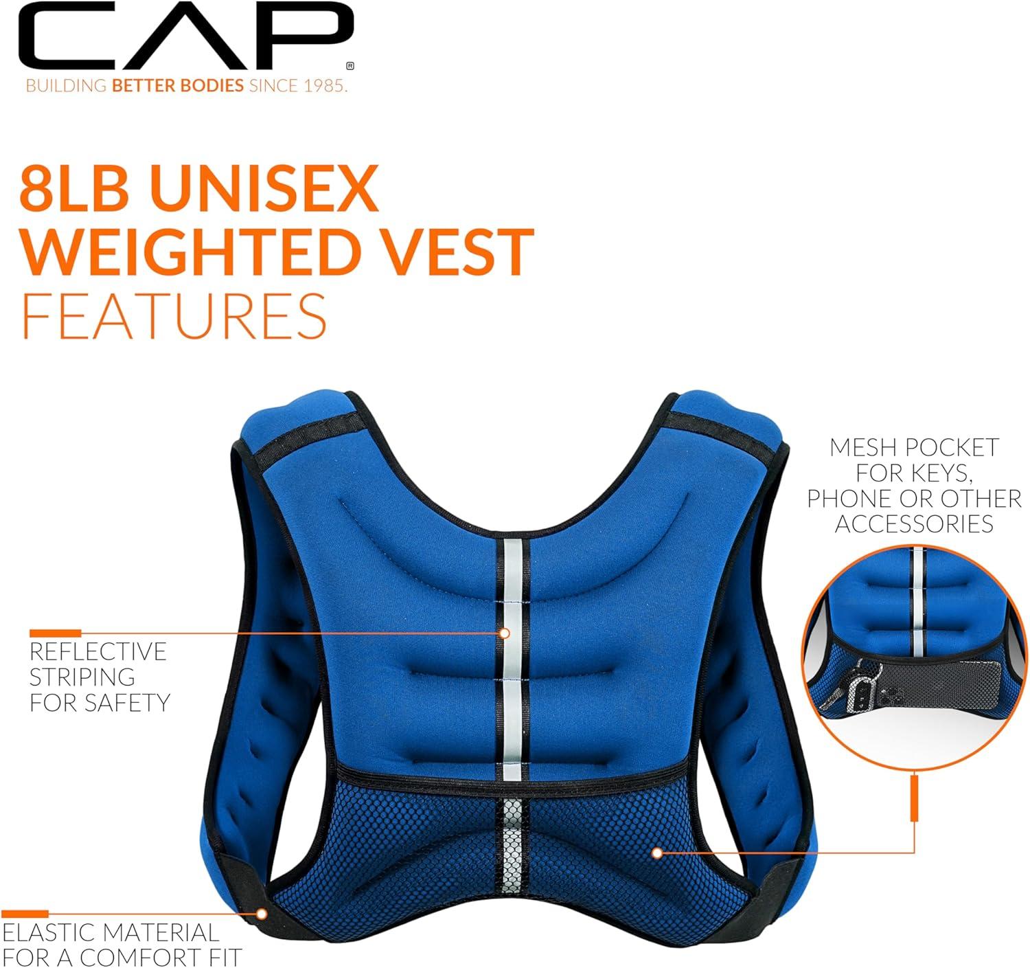 image:imageCAP Barbell 8LB Weighted Vest Unisex Workout Vest with Phone Pouch Reflective Strips and Adjustable Fit for Walking Running Cardio and Strength Training Black or BlueBlue