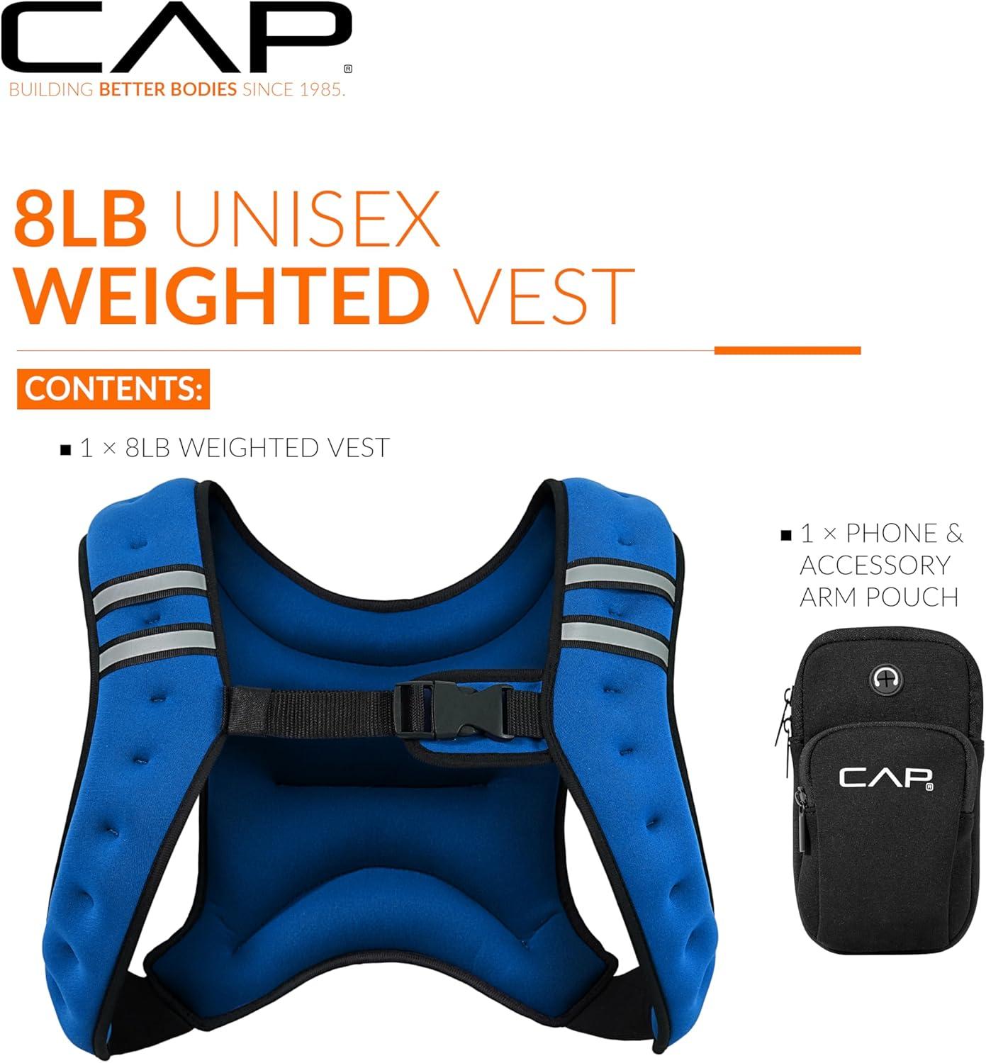 image:imageCAP Barbell 8LB Weighted Vest Unisex Workout Vest with Phone Pouch Reflective Strips and Adjustable Fit for Walking Running Cardio and Strength Training Black or BlueBlue
