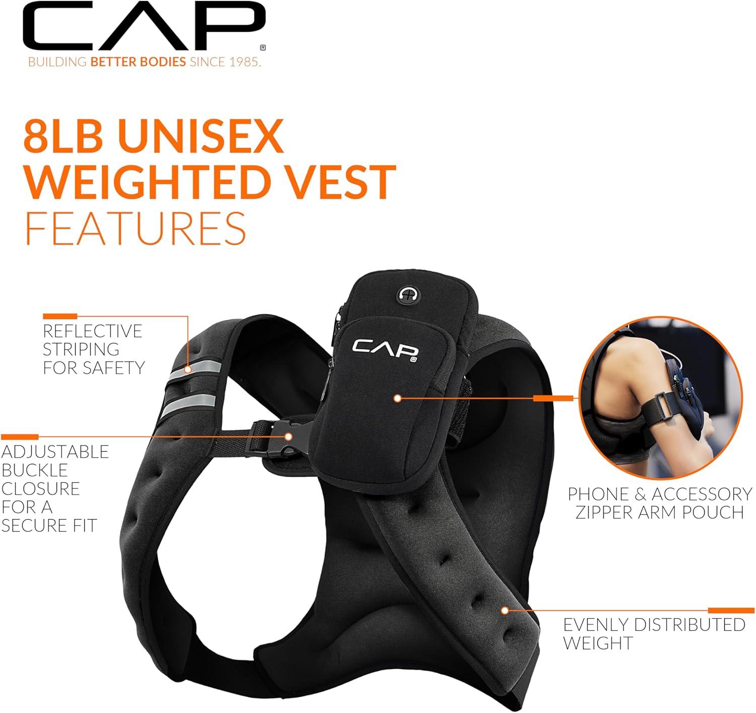 image:imageCAP Barbell 8LB Weighted Vest Unisex Workout Vest with Phone Pouch Reflective Strips and Adjustable Fit for Walking Running Cardio and Strength Training Black or BlueBlack