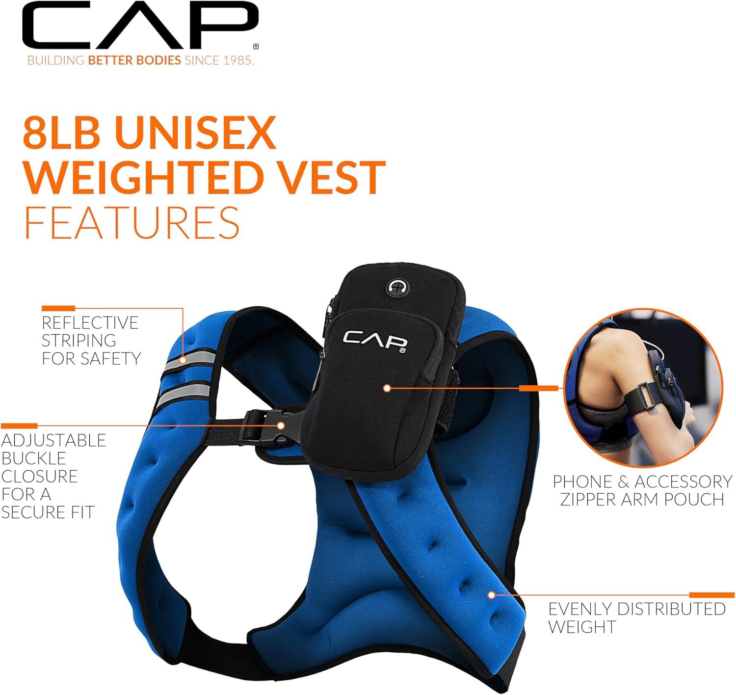 image:imageCAP Barbell 8LB Weighted Vest Unisex Workout Vest with Phone Pouch Reflective Strips and Adjustable Fit for Walking Running Cardio and Strength Training Black or BlueBlue
