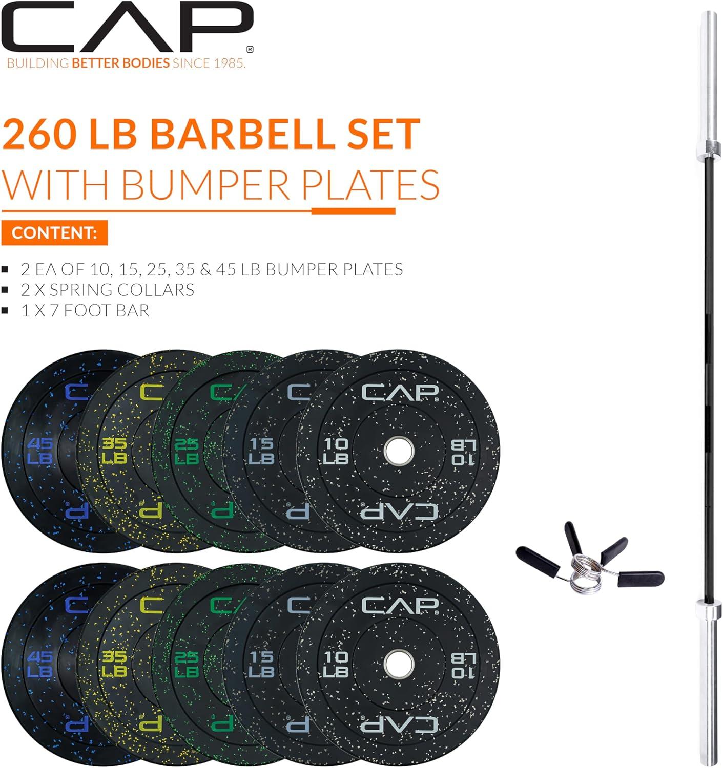 image:imageCAP Barbell Olympic Weight Set with 7ft Barbell amp Bumper Plates 160370 lbs Multiple OptionsEconomy Speckled