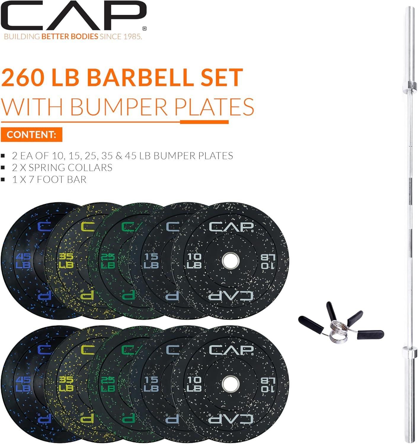 image:imageCAP Barbell Olympic Weight Set with 7ft Barbell amp Bumper Plates 160370 lbs Multiple OptionsEconomy Speckled