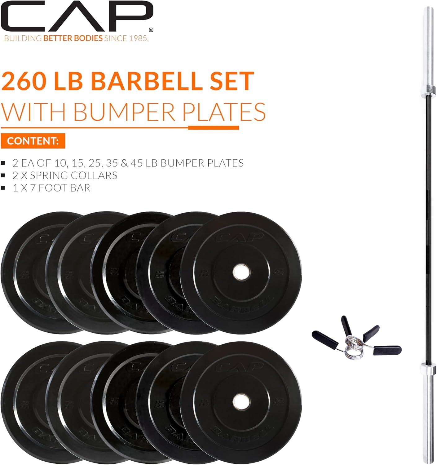 image:imageCAP Barbell Olympic Weight Set with 7ft Barbell amp Bumper Plates 160370 lbs Multiple OptionsElite