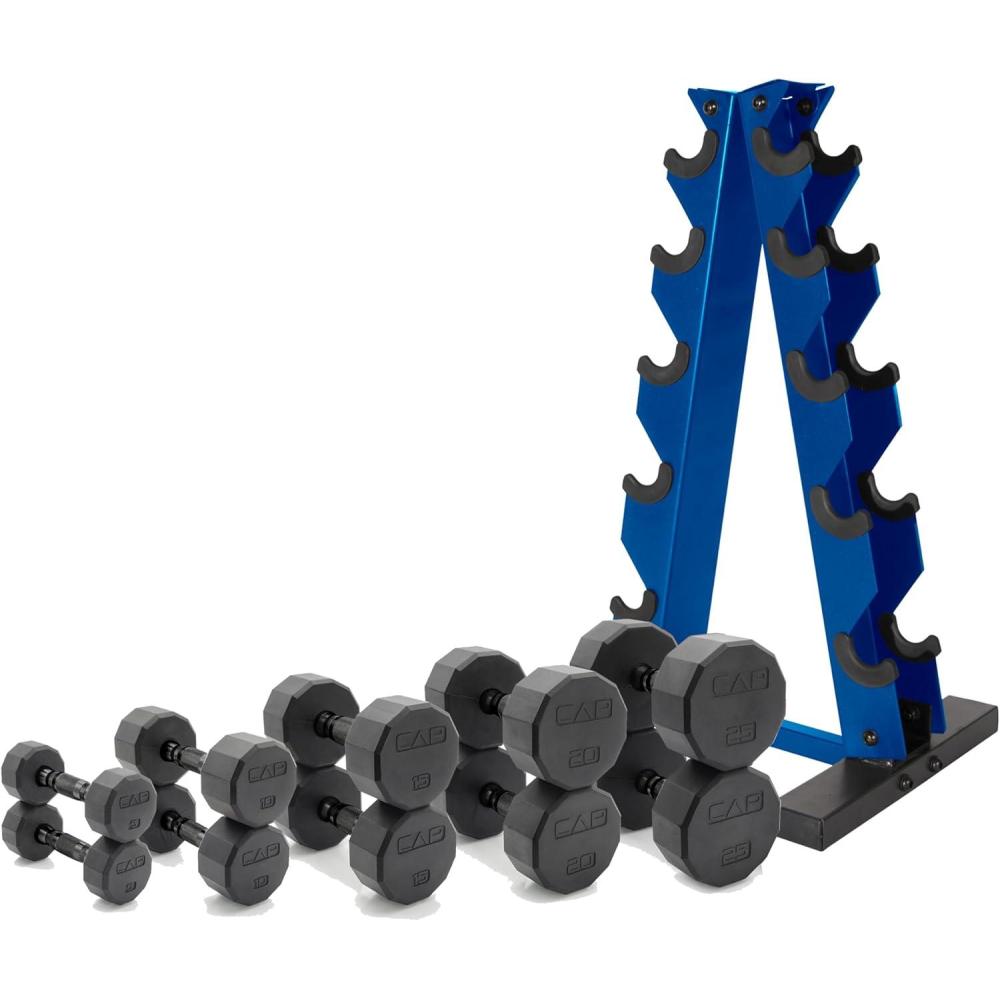 image:imageCAP Barbell 150 LB Coated Hex Dumbbell Weight Set with Vertical Rack  Multiple OptionsBlue Rack