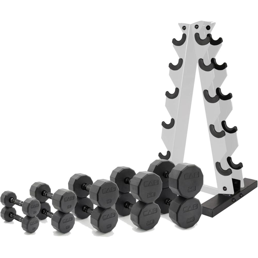 image:imageCAP Barbell 150 LB Coated Hex Dumbbell Weight Set with Vertical Rack Multiple OptionsWhite Rack