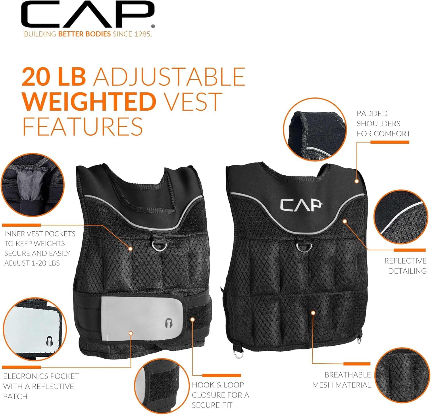 image:imageCAP Barbell Adjustable Weighted Vest 20150 lbs HeavyDuty Workout Vest with Removable Iron Weights for Strength Training Cardio Running and Calisthenics20lbsC