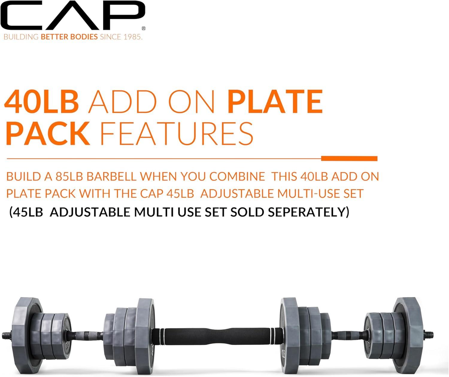 image:imageCAP Barbell MultiUse Adjustable Weight Set Versatile Dumbbell Barbell amp Kettlebell for FullBody Workouts 45lb and 66lb options40 lb Plate Pack Addon