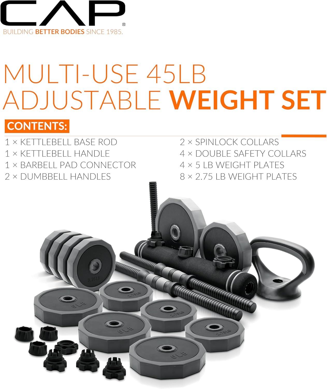image:imageCAP Barbell MultiUse Adjustable Weight Set Versatile Dumbbell Barbell amp Kettlebell for FullBody Workouts 45lb and 66lb options45 lb Set