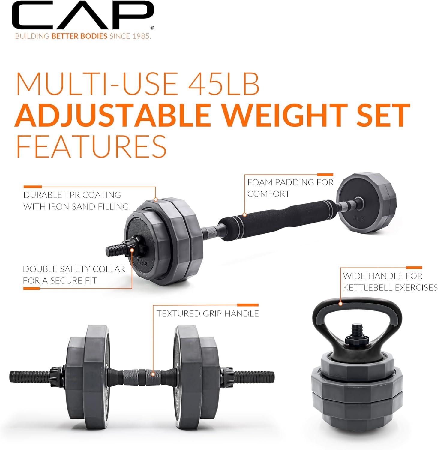 image:imageCAP Barbell MultiUse Adjustable Weight Set Versatile Dumbbell Barbell amp Kettlebell for FullBody Workouts 45lb and 66lb options45 lb Set