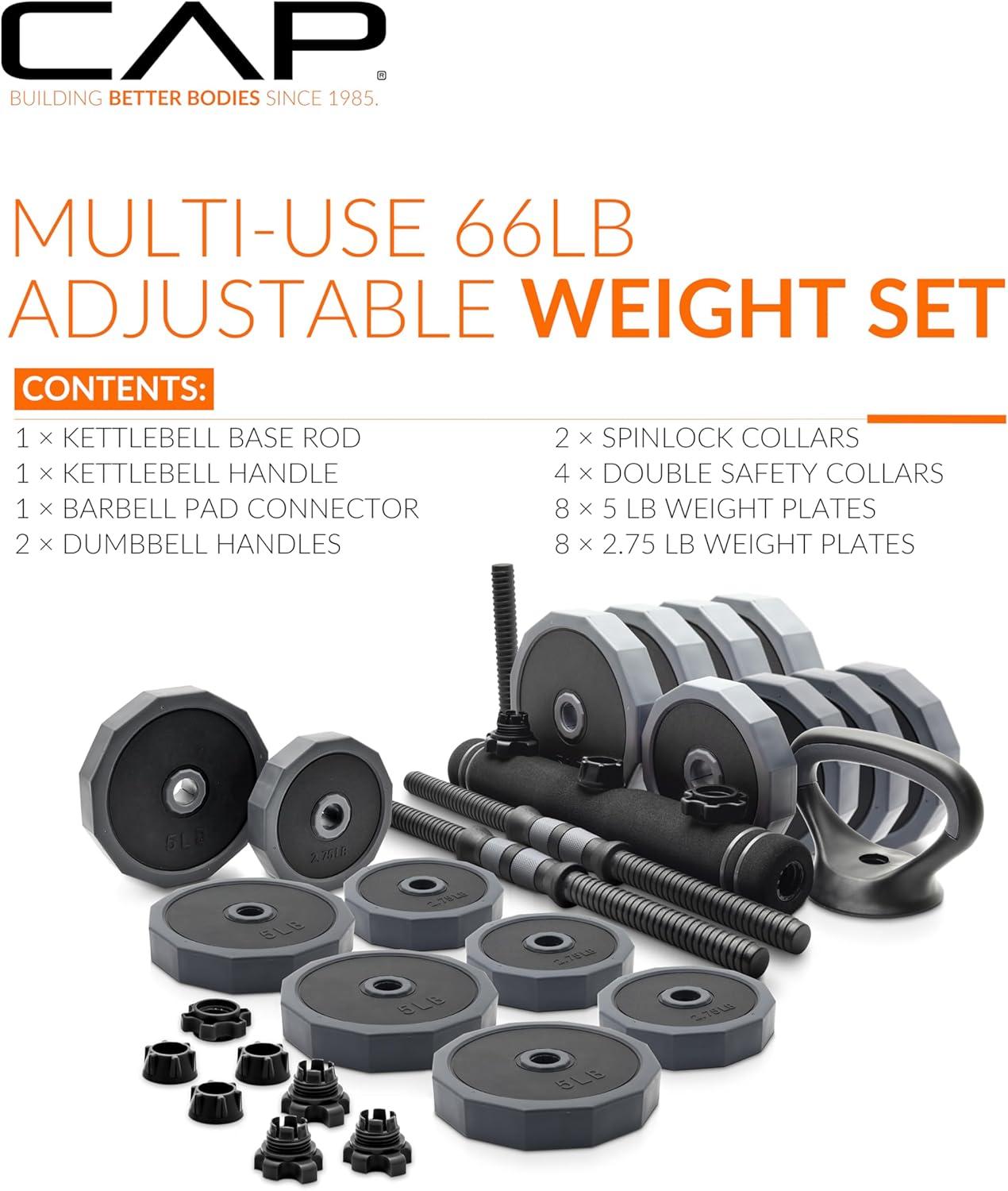 image:imageCAP Barbell MultiUse Adjustable Weight Set Versatile Dumbbell Barbell amp Kettlebell for FullBody Workouts 45lb and 66lb options66 lb Set