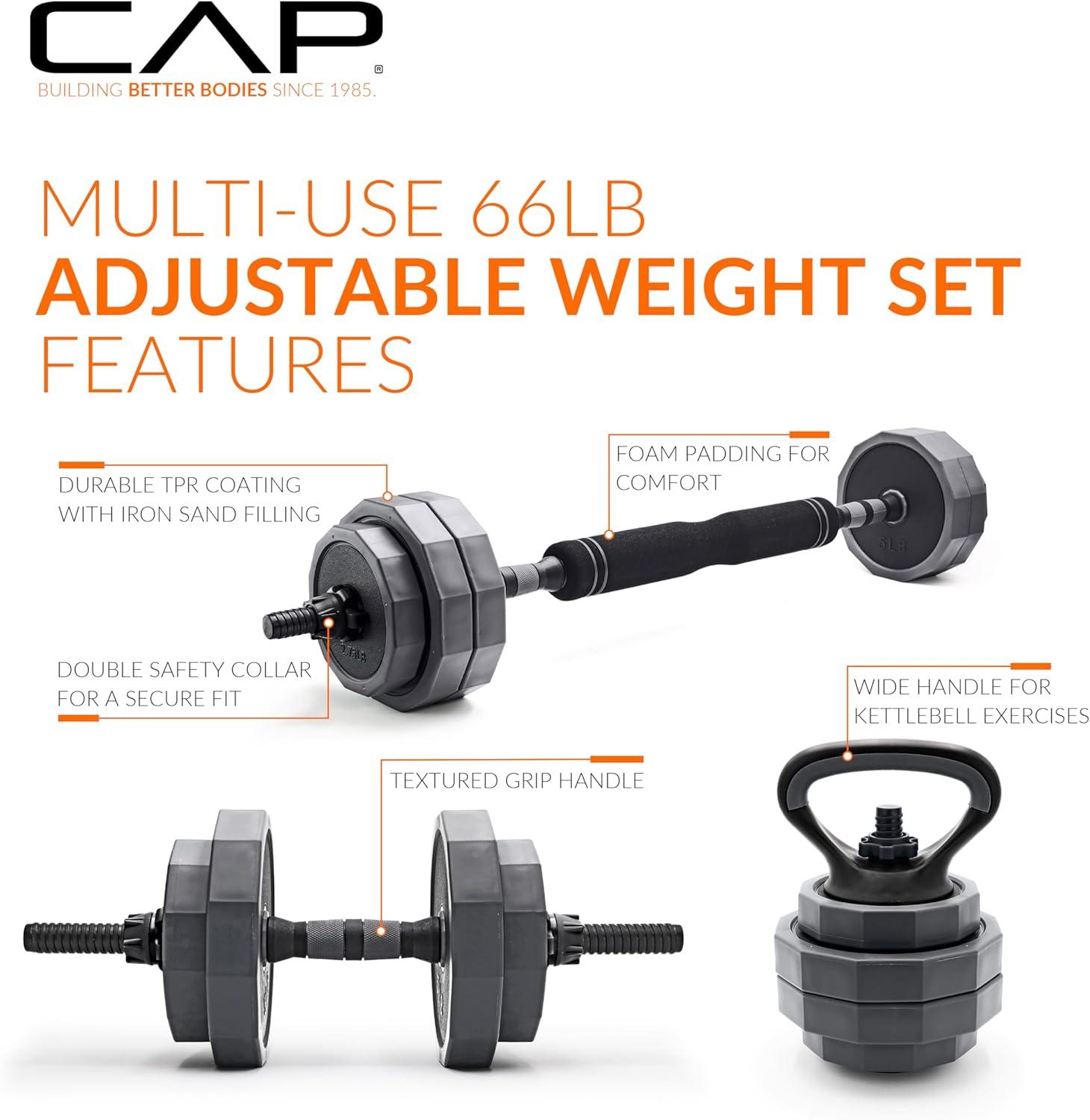 image:imageCAP Barbell MultiUse Adjustable Weight Set Versatile Dumbbell Barbell amp Kettlebell for FullBody Workouts 45lb and 66lb options66 lb Set