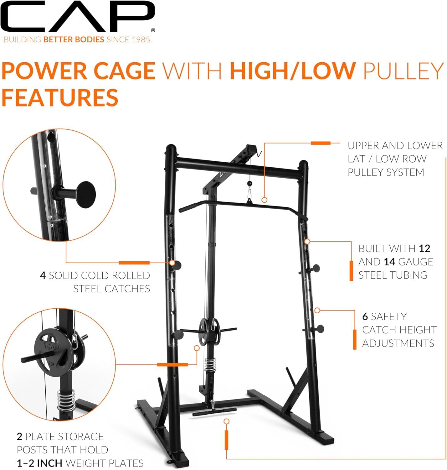image:imageCAP Barbell Power Cage with HighLow Pulleys HeavyDuty Power Rack for Home Gym Adjustable Gym Rack amp Weight Cage with Pull Up Bar Dip Station and Plate Storage
