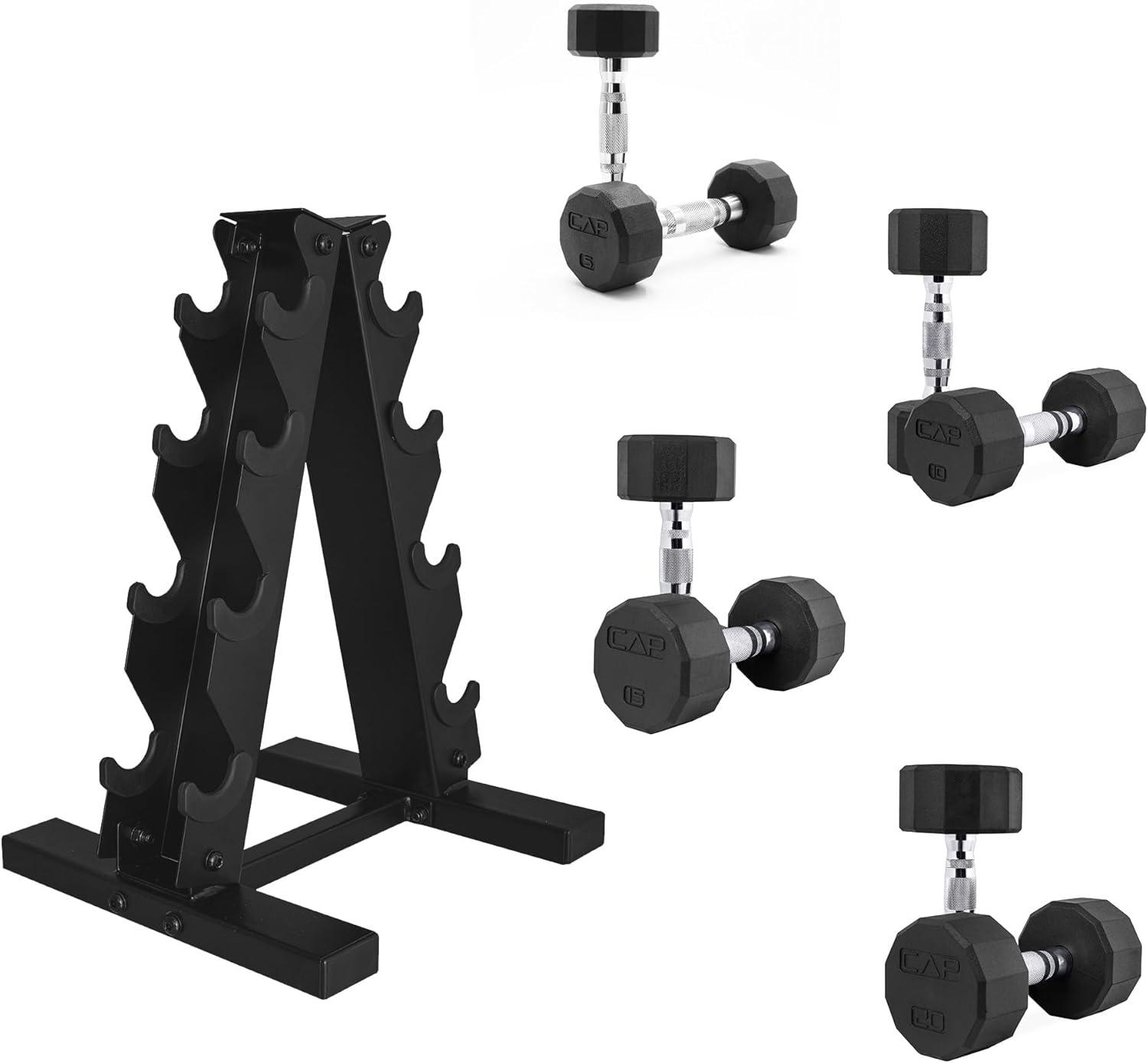 image:imageCAP Barbell Rubber Coated Dumbbell Weight Set with Vertical Rack 100 lb 150 lb and 210 lb Options100 lb Set