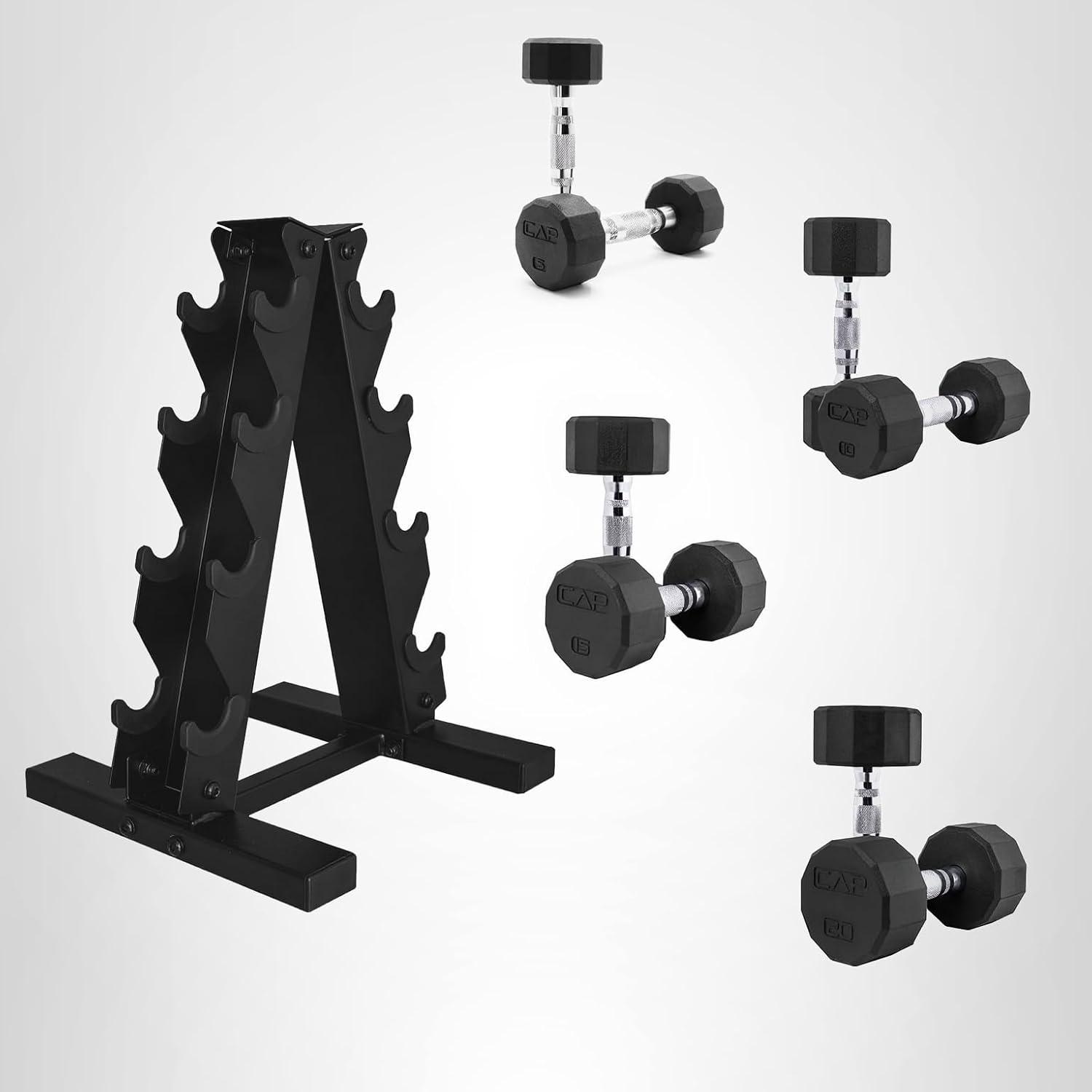 image:imageCAP Barbell Rubber Coated Dumbbell Weight Set with Vertical Rack 100 lb 150 lb and 210 lb Options100 lb Set