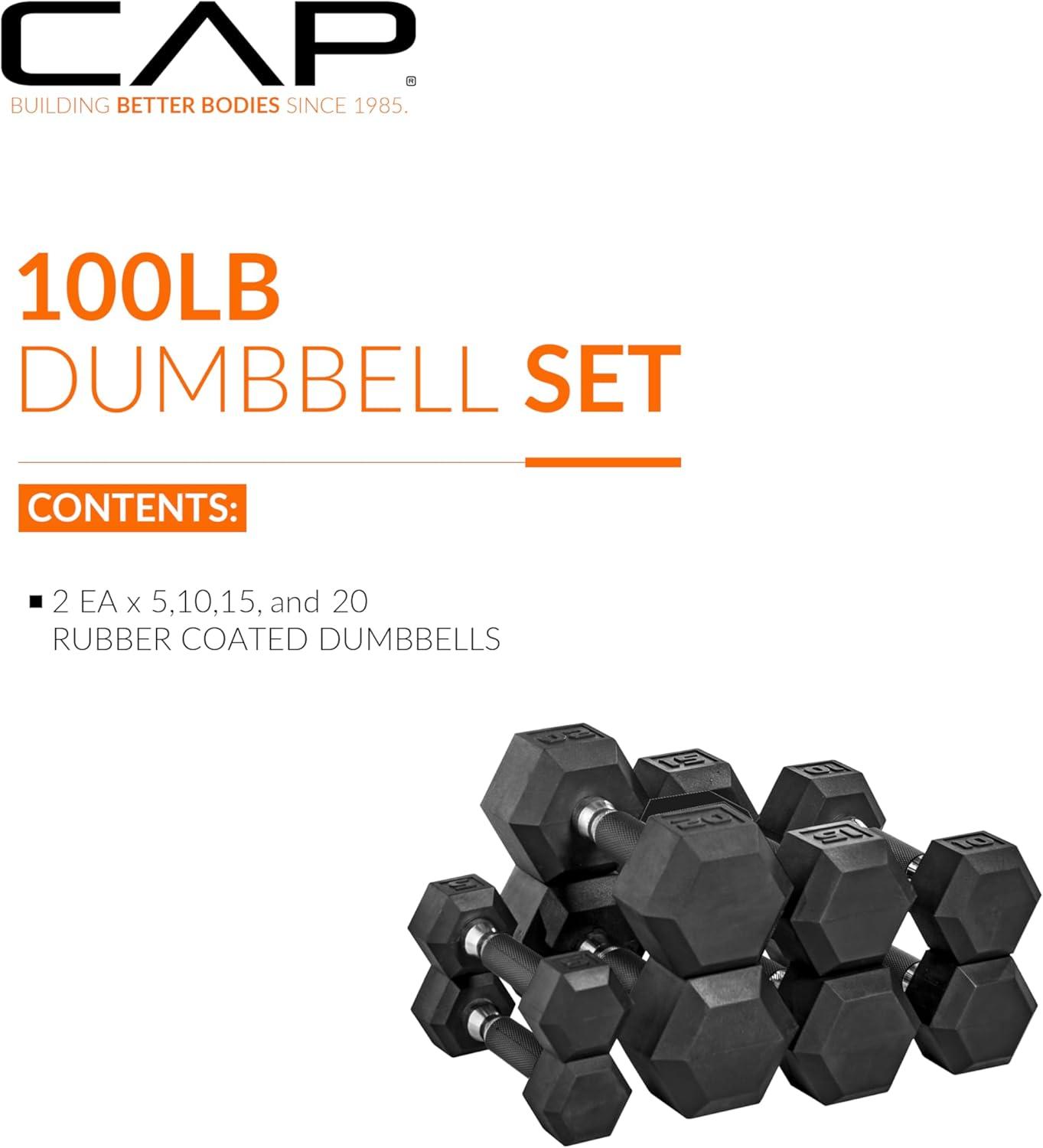 image:imageCAP Barbell Rubber Coated Dumbbell Weight Set with Vertical Rack 100 lb 150 lb and 210 lb Options100 lb Set