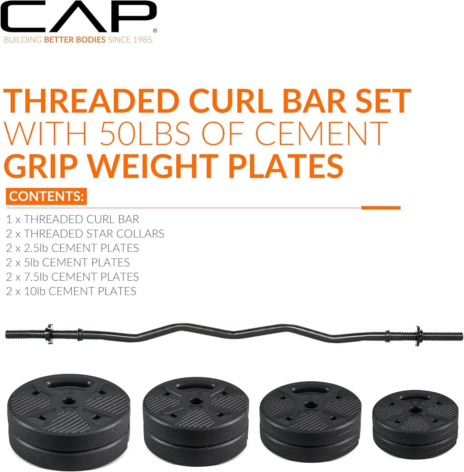image:imageCAP Barbell Threaded Curl Bar Set with 50 LB Cement Grip Weight Plates EZ Curl Bar with Threaded Collars for Strength Training amp Home Gym Workouts