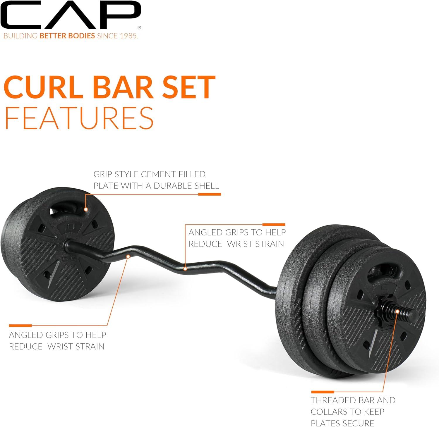 image:imageCAP Barbell Threaded Curl Bar Set with 50 LB Cement Grip Weight Plates EZ Curl Bar with Threaded Collars for Strength Training amp Home Gym Workouts