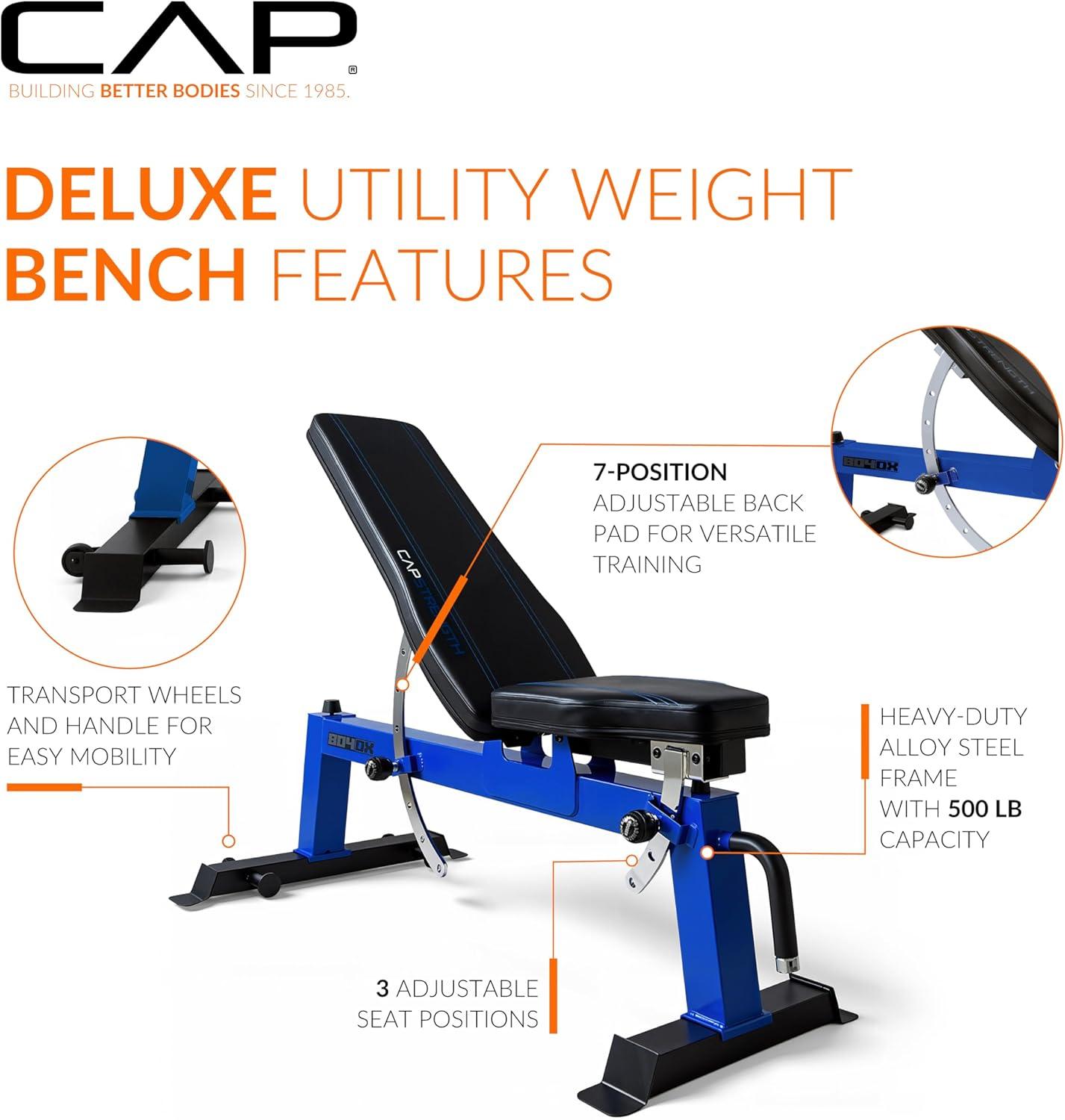 image:imageCap Barbell Deluxe Utility Weight Bench Color SeriesBlue Square Backpad