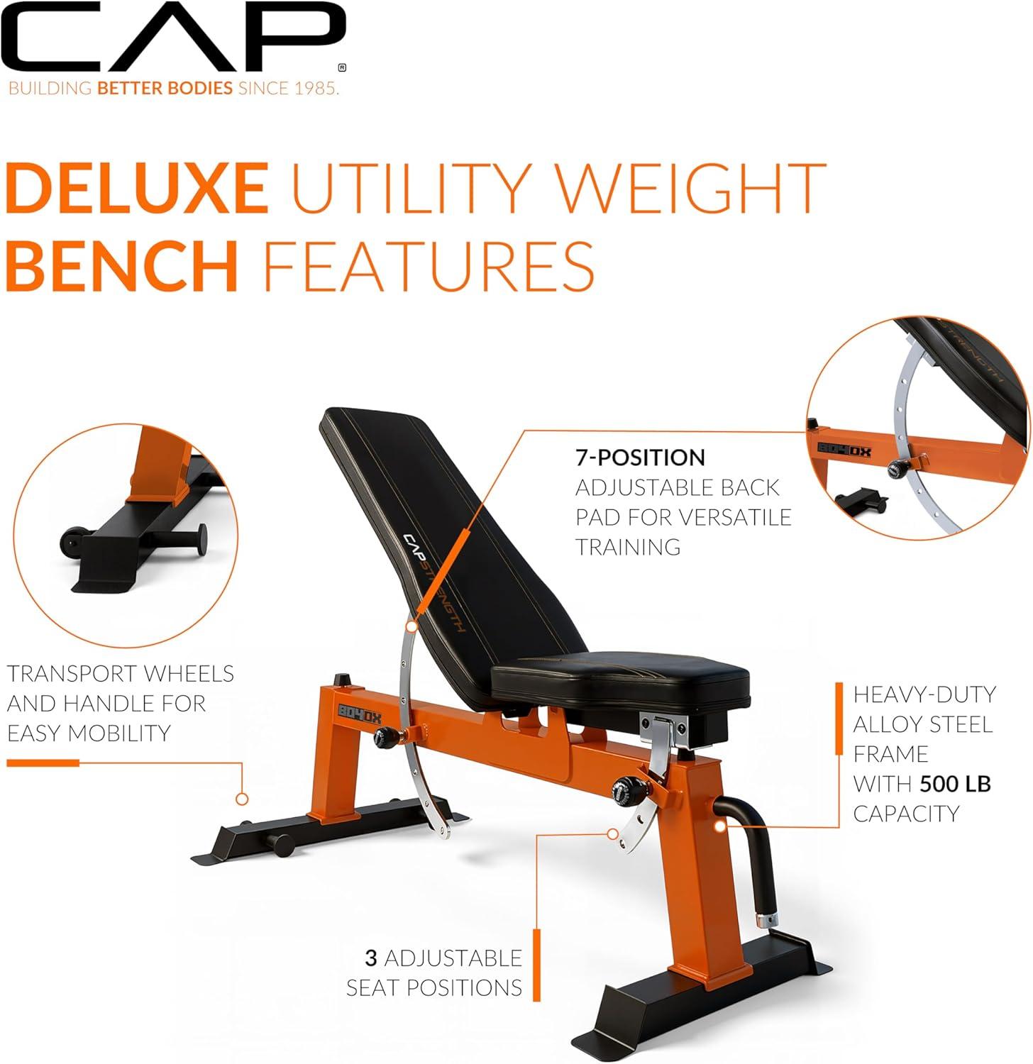 image:imageCap Barbell Deluxe Utility Weight Bench Color SeriesOrange Square Backpad