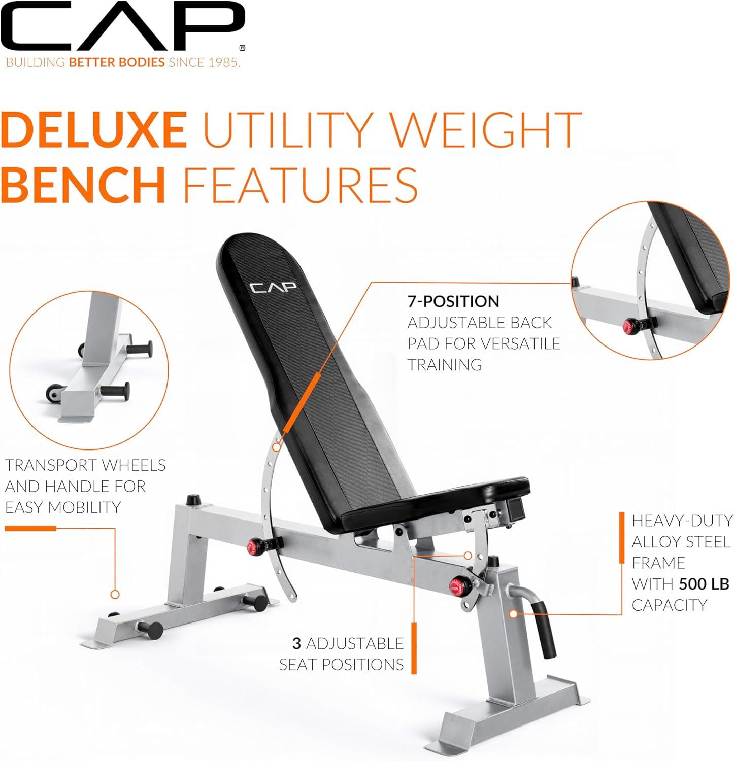 image:imageCap Barbell Deluxe Utility Weight Bench Color SeriesSilver Round Backpad