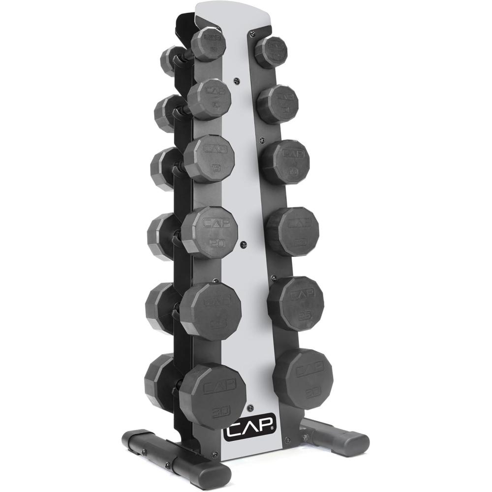 image:imageCAP Barbell Rubber Coated Dumbbell Weight Set with Vertical Rack 100 lb 150 lb and 210 lb Options210 lb Set Silver Rack